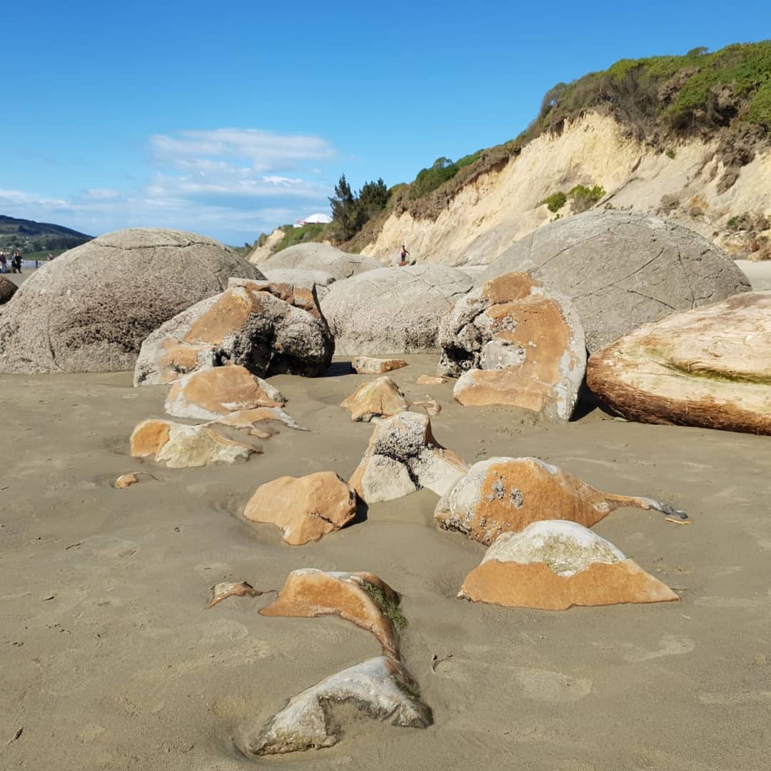 The most photographed concretions in New Zealand, the Moeraki boulders! Cretaceaous era concretions with veins of calcite throughout them, great fun to climb on 😁 Some of them are broken, allowing you to peek inside, no fossils that I could see!

           