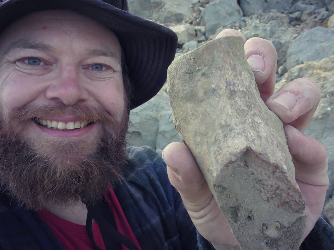 A nice big piece of Pleistocene Moa bone I found in the hills of New Zealand. The last Moa went extinct around 500 years ago though rumours of surviving pockets have persisted. 
The bone feels to be fossilized, and should be around 100 000 years old based on the layer I found it in. 
This photo is pre-isolation. Stay home and stay safe!

I'm working on the video in which I found this bone, it should be done later in the week.

     