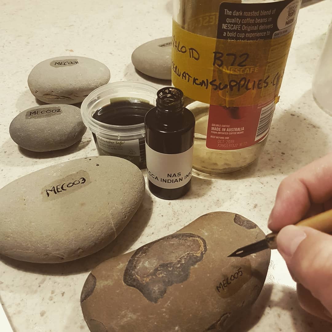 The other side of fossil collecting... cataloging the finds 😁

Base layer or paraloid B72 and then some Indian ink for the numbering using a old school dip pen.

       