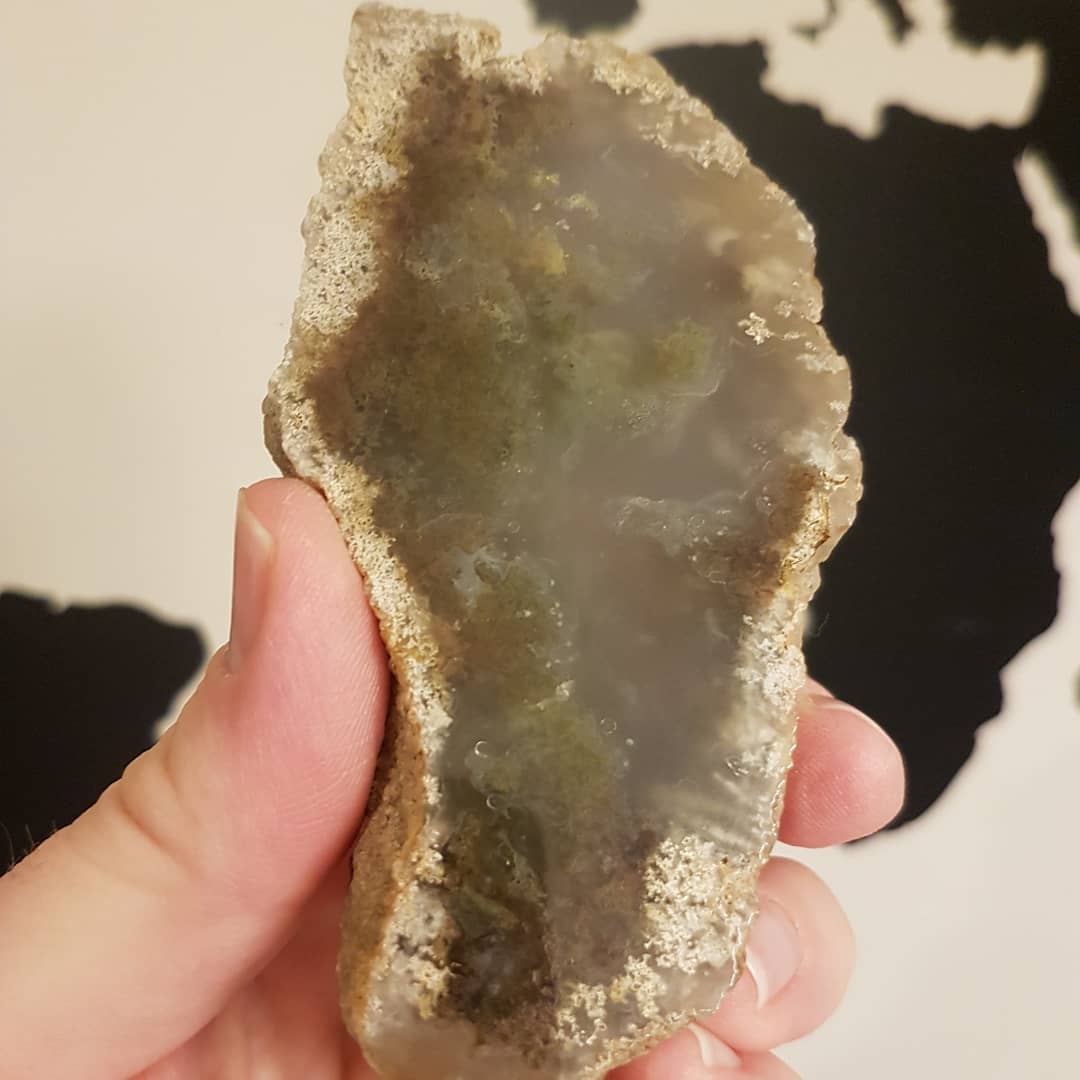 A very mossy agate I dug out of a small, freezing stream in Canterbury. It was my first large agate I had ever found and blew my mind when it was cut and polished!

I used a torch to backlight it in the one photo.

Thanks @chris_caine_88 for showing me the spot!

               